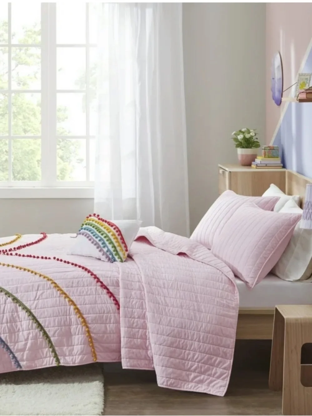 Pink Rainbow Pom Pom 4 Piece Coverlet Set